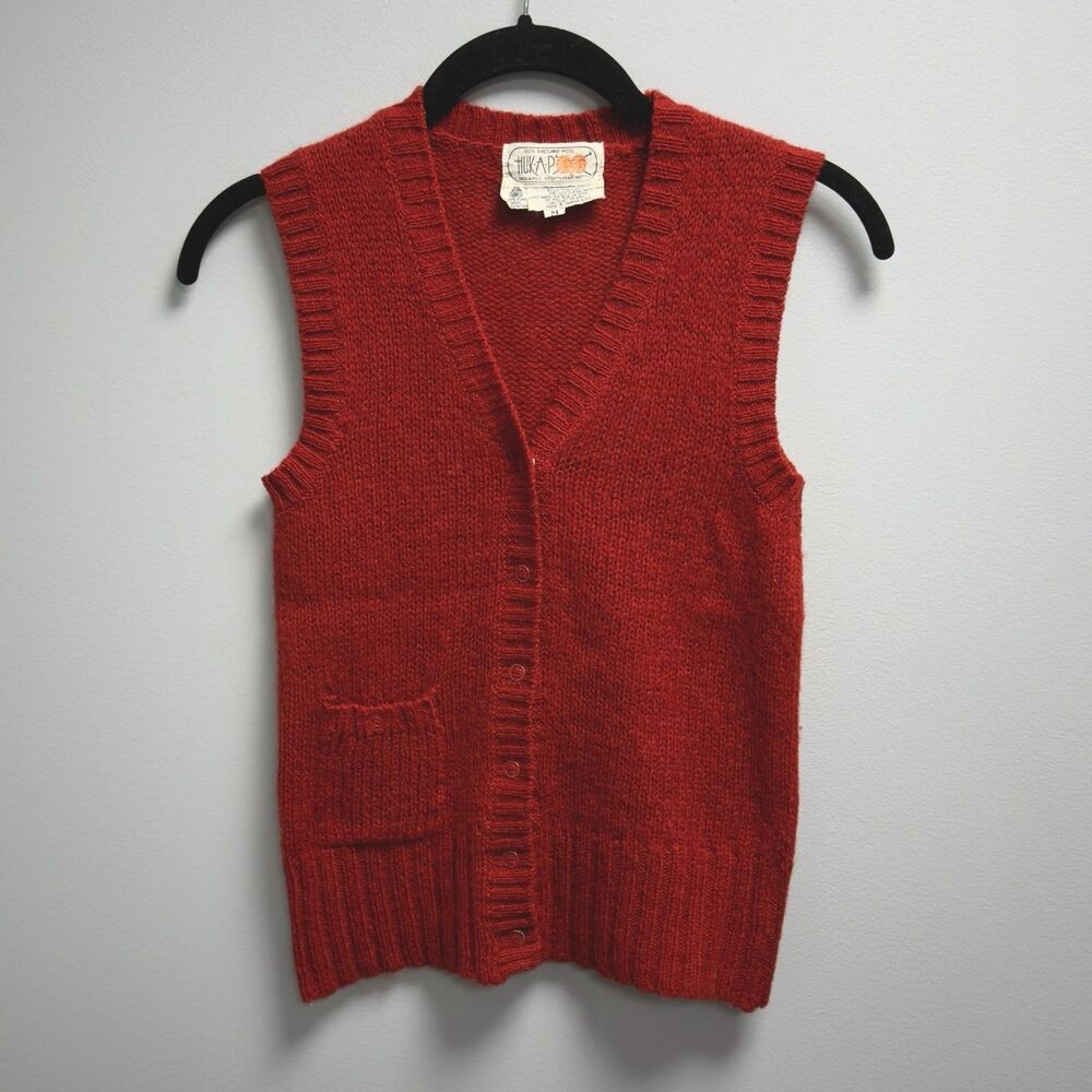 1970s Huka Poo Shetland Wool Sweater Vest Red Preppy Cottagecore XS S